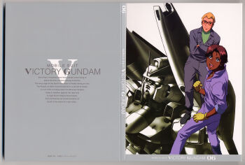 1990s_(style) 1boy 1girl absurdres artist_collaboration beam_cannon blonde_hair blue_eyes boots box_art brown_hair crossed_arms dark_skin earth_federation english_text glasses gloves gundam highres ishigaki_jun'ya jumpsuit machinery marbet_fingerhat mecha military_uniform mobile_suit official_art ousaka_hiroshi retro_artstyle robot scan science_fiction title traditional_media v-fin victory_gundam