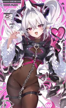 1girl absurdres az_(hexia) black_bodystocking black_gloves blush breasts chain character_name commentary_request covered_navel cowboy_shot fang frilled_sleeves frills gloves grey_hair groin hair_intakes halftone hexia highres holding holding_megaphone horns korean_commentary long_hair looking_at_viewer megaphone mixed-language_commentary nyaruin open_mouth pink_eyes pink_nails skin_fang small_breasts solo standing thigh_strap twintails user_interface very_long_hair virtual_youtuber wide_sleeves