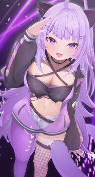 Rule 34 | 1girl, ahoge, animal ear fluff, animal ears, asymmetrical legwear, black jacket, breasts, cat ears, cat girl, cat tail, cleavage, closed mouth, clothing cutout, collarbone, commentary request, crop top, heart, heart-shaped eyewear, heart cutout, highres, hololive, jacket, large breasts, long hair, looking at viewer, nekomata okayu, nekomata okayu (gyaru), official alternate costume, official alternate hair length, official alternate hairstyle, pantyhose, purple eyes, purple hair, purple pantyhose, shorts, single leg pantyhose, smile, solo, stomach, tail, tail scrunchie, torn clothes, torn shorts, very long hair, virtual youtuber, white shorts, yuren horun