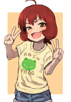 >:) 1girl :d ahoge animal_print blue_shorts breasts clothes_writing collarbone denim denim_shorts double_v female_focus frog_print gazacy_(dai) highres idolmaster idolmaster_cinderella_girls looking_at_viewer open_mouth orange_eyes red_hair shirt short_hair short_shorts short_sleeves shorts sketch small_breasts smile solo square t-shirt ueda_suzuho upper_body v v-shaped_eyebrows wavy_mouth yellow_background yellow_shirt