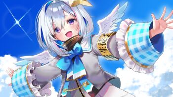 1girl :d amane_kanata amane_kanata_(1st_costume) angel angel_wings armband blue_bow blue_bowtie blue_hair blue_sky bob_cut bow bowtie cloud colored_inner_hair commentary_request feathered_wings gingham_sleeves grey_hair halo hololive jacket long_sleeves looking_at_viewer multicolored_hair official_art open_mouth outdoors outstretched_arms purple_eyes raora_panthera_(artist) short_hair sky smile solo spread_arms star_halo streaked_hair upper_body virtual_graduation_commemoration virtual_youtuber wings yellow_armband