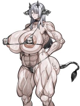 1girl abs ak-15_(girls'_frontline) animal_print ass bikini breasts bride cow_print cow_print_bikini cow_tail fundoshi girls'_frontline highres huge_ass huge_breasts huge_nipples japanese_clothes long_hair pregnant print_bikini pubic_hair revealing_clothes slavsegger swimsuit tail white_hair