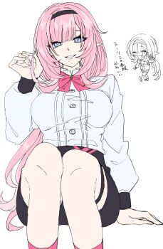 1girl alternate_costume black_hairband black_shorts blue_eyes bow bowtie breasts chibi elf elysia_(honkai_impact) hairband highres honkai_(series) honkai_impact_3rd large_breasts long_hair pink_bow pink_bowtie pink_hair pink_socks pointy_ears shirt shorts simple_background sitting smile socks translation_request very_long_hair wahh_captain white_background white_shirt