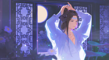 8083_blue arm_up backlighting black_hair brown_eyes closed_mouth collarbone commentary_request full_moon hairband highres japanese_clothes lan_wangji long_hair modao_zushi moon moonlight night solo tying_hair white_hairband