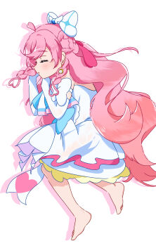 1girl absurdres ahoge arm_bow ascot bare_shoulders barefoot blue_bow bow braid closed_eyes closed_mouth commentary cure_prism dress dress_bow drop_shadow earrings elbow_gloves feet frilled_dress frills full_body gloves hair_bow hair_ornament half_up_braid halter_dress halterneck heart heart_ahoge highres hirogaru_sky!_precure jewelry layered_dress long_hair lying magical_girl medium_dress nijigaoka_mashiro on_side pink_hair precure side_braids simple_background single_earring sleeping sleeveless sleeveless_dress solo sphere_earrings swept_bangs symbol-only_commentary toes white_ascot white_background white_bow white_dress white_gloves wing_hair_ornament yuduru_1008