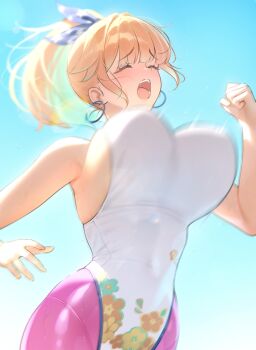 1girl absurdres bare_arms blue_ribbon blue_sky bouncing_breasts breasts closed_eyes colored_inner_hair commentary earrings english_commentary floral_print_leotard green_hair hair_ribbon highleg highleg_leotard highres hololive hololive_english hoop_earrings jewelry large_breasts leggings leotard motion_blur multicolored_hair official_alternate_costume official_alternate_hairstyle open_mouth orange_hair outdoors pink_leggings prab ribbon running short_hair sky solo takanashi_kiara takanashi_kiara_(fever_night) virtual_youtuber white_leotard