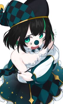 1girl adversarial_noise amo_aster bare_shoulders black_hair blush clown_nose colored_inner_hair commentary dress english_commentary flying_sweatdrops green_dress green_eyes green_hair hat highres indie_virtual_youtuber jester jester_cap looking_at_viewer makeup multicolored_hair open_mouth simple_background smile solo strapless strapless_dress streaked_hair virtual_youtuber white_background yoako