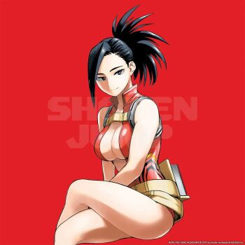 1girl black_hair boku_no_hero_academia breasts cleavage cleavage_cutout clothing_cutout cover cover_page crossed_legs feet_out_of_frame horikoshi_kouhei large_breasts legs long_hair manga_cover official_art ponytail red_background simple_background sitting solo superhero_costume thick_thighs thighs yaoyorozu_momo