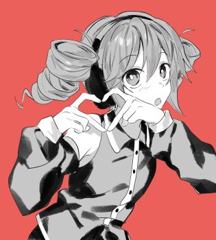 1girl bare_shoulders buttons collared_shirt detached_sleeves double-parted_bangs drill_hair greyscale_with_colored_background hair_between_eyes headphones heart heart_hands highres kasane_teto kasane_teto_(utau) long_sleeves looking_at_viewer monochrome open_mouth red_background samsap shirt simple_background sleeveless sleeveless_shirt solo three-quarter_sleeves twin_drills upper_body utau wing_collar