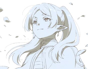 1girl blue_theme capelet closed_mouth earrings elf falling_petals frieren harusabin jewelry long_hair looking_ahead monochrome parted_bangs petals pointy_ears simple_background solo sousou_no_frieren twintails upper_body white_background