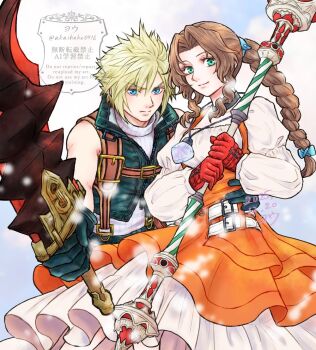1boy 1girl aerith_gainsborough aerith_gainsborough_(garnet's_gown) artist_name bare_shoulders blonde_hair blue_eyes braid braided_ponytail breasts brown_hair choker closed_mouth cloud_strife cloud_strife_(zidane's_outfit) cosplay cowboy_shot cropped_vest crystal dated dress fighting_stance final_fantasy final_fantasy_vii final_fantasy_vii:_ever_crisis garnet_til_alexandros_xvii garnet_til_alexandros_xvii_(cosplay) gloves green_eyes green_gloves green_vest grey_choker hair_between_eyes hair_ornament hairclip hand_on_another's_waist holding holding_staff holding_sword holding_weapon jewelry juliet_sleeves light_smile long_dress long_hair long_sleeves medium_breasts official_alternate_costume orange_dress parted_bangs pendant puffy_sleeves red_gloves ribbed_sweater short_hair sidelocks single_braid sleeveless sleeveless_turtleneck spiked_hair staff sweater sword turtleneck turtleneck_sweater twitter_username two-tone_dress vest weapon white_dress white_sweater you_(blacknwhite) zidane_tribal zidane_tribal_(cosplay)