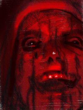 1boy :d blood blood_from_forehead blood_on_face close-up commentary crazy_grin cry_of_fear english_commentary hood hood_up hoodie looking_at_viewer male_focus nosebleed open_mouth red_theme simon_henriksson simon_henriksson_(book) smile solo tac_nyanx3 underlighting wide-eyed