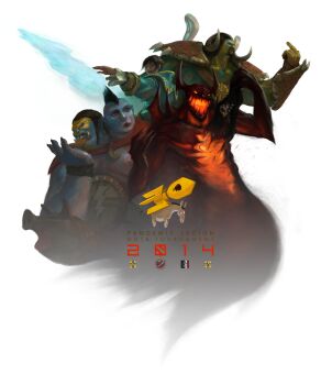 1girl 1other 2014 3boys ambiguous_gender arm_up armor black_hair blue_skin boar character_request colored_skin commentary dated demon_horns donkey dota_(series) eve_online glowing glowing_eyes glowing_mouth green_skin hands_up heart horns long_sleeves multiple_boys multiple_heads outstretched_arm pandemic_legion_(eve_online) short_hair shoulder_armor tabnir transparent_background tusks upper_body