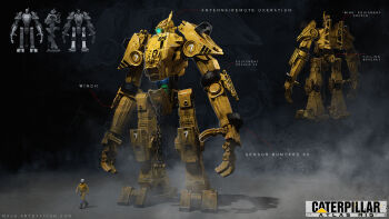 1boy 3d beard blue_eyes caterpillar_(company) chain reference_sheet commentary english_commentary facial_hair full_body glowing glowing_eye highres mack_sztaba mecha multiple_views one-eyed original robot science_fiction shadow standing walking watermark web_address wheel zoom_layer