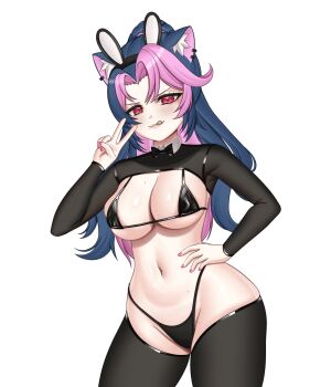 1girl :3 animal_ear_piercing animal_ears areola_slip bikini black_bikini black_bow black_bowtie black_shrug black_thighhighs blue_hair blush bow bowtie breasts closed_mouth collar cowboy_shot detached_collar dot_nose eyelashes fake_animal_ears female_focus fingernails hand_on_own_hip hand_up indie_virtual_youtuber large_breasts licking_lips long_hair looking_at_viewer mole mole_on_breast multicolored_hair nagamma nail_polish navel panther_ears panther_girl pink_eyes pink_hair pink_nails playboy_bunny ponytail rabbit_ears reverse_bunnysuit reverse_outfit shrug_(clothing) shura_hiwa simple_background smile smug solo standing swimsuit thighhighs tongue tongue_out two-tone_hair v virtual_youtuber white_background white_collar wide_hips