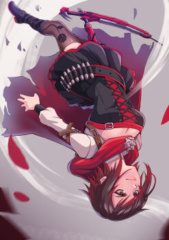 1girl absurdres black_skirt blueriest boots breasts cape cleavage commission commissioner_upload falling falling_petals flower grey_eyes highres holding holding_scythe looking_down petals red_flower red_hair red_rose red_scarf rose ruby_rose rwby scarf scythe short_hair skirt solo