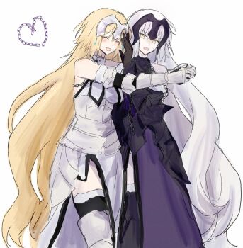2girls armor armored_dress blonde_hair dress grey_hair headpiece highres jeanne_d'arc_(fate) jeanne_d'arc_(ruler)_(fate) jeanne_d'arc_(third_ascension)_(fate) jeanne_d'arc_alter_(fate) long_hair luminosite_eternelle multiple_girls nekwnek very_long_hair