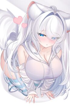 1girl :o absurdres ahoge all_fours animal_ear_fluff animal_ears armpit_crease blue_eyes breasts cleavage commentary_request detached_sleeves eyes_visible_through_hair foreshortening hair_intakes hair_over_one_eye highres hood hood_down hoodie huge_breasts kokuyou_oath long_bangs long_sleeves looking_at_viewer original parted_bangs parted_lips sleeveless sleeveless_hoodie sleeves_past_wrists solo striped_clothes striped_thighhighs tail thighhighs white_background white_hoodie