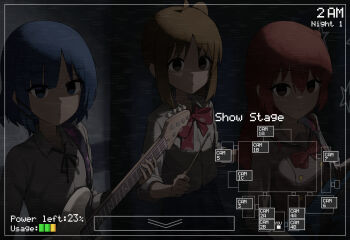 3girls absurdres ahoge battery_indicator blonde_hair blue_hair bocchi_the_rock! five_nights_at_freddy&#039;s guitar heads-up_display highres ieasty11 ijichi_nijika instrument kita_ikuyo long_hair minimap multiple_girls one_side_up red_hair short_hair side_ponytail user_interface viewfinder yamada_ryo yellow_eyes