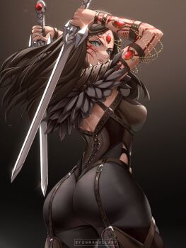 1girl arm_tattoo armlet arms_up ass black_background black_pantyhose bracelet breasts brown_background brown_hair brown_leotard brown_thighhighs commentary commission enma_(enmanuelart) eyelashes facial_tattoo feather_cape forehead_jewel from_behind gem gradient_background green_eyes highres holding holding_sword holding_weapon jewelry lace-trimmed_leotard lace_trim large_breasts leotard light_particles lips long_hair looking_at_viewer looking_back multiple_bracelets nose original pantyhose parted_lips red_gemstone scarlet_princess shoulder_strap solo sparkle sword symbol-only_commentary tattoo thigh_strap thighhighs variant_set weapon