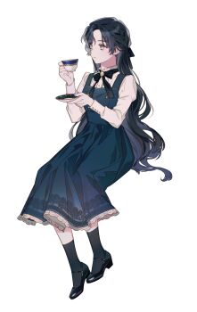 1girl black_bow black_bowtie black_dress black_hair black_ribbon black_shoes black_socks blue_eyes bow bowtie braid buttons closed_mouth collared_shirt commentary_request commission cup dress dress_shoes expressionless fevertime full_body hair_ribbon half_updo highres holding holding_cup holding_saucer invisible_chair kneehighs korean_commentary lace lace-trimmed_dress lace_trim light_frown long_hair long_sleeves looking_to_the_side original parted_bangs pinafore_dress ribbon saucer shirt shoes side_part sitting sleeveless sleeveless_dress socks solo teacup transparent_background very_long_hair wavy_hair white_shirt wingtip_collar