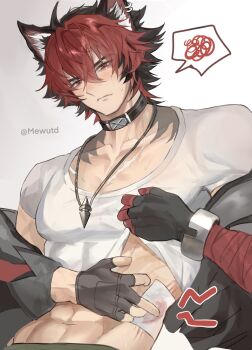 Rule 34 | 1boy, abs, animal ear fluff, animal ear piercing, animal ears, bandaged arm, bandages, black gloves, black hair, black jacket, blood on body, blush, closed mouth, clothes lift, collar, collarbone, commentary, crossed bangs, dog boy, dog ears, fingerless gloves, gloves, hair between eyes, half-closed eyes, highres, jacket, jewelry, komano manato, male focus, mewutd, multicolored hair, multiple scars, muscular, muscular male, navel, necklace, off shoulder, open clothes, pectorals, red bandage, red eyes, red hair, scar, scar across eye, scar on chest, scar on face, shirt, shirt lift, short hair, solo, spoken squiggle, squiggle, sweat, symbol-only commentary, t-shirt, twitter username, upper body, white background, white shirt, zenless zone zero