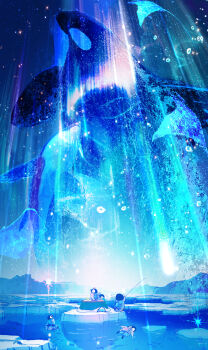 absurdres afloat aurora bird fishing_rod highres ice kotatsu makoron117117 night no_humans orca original penguin star_(sky) table water