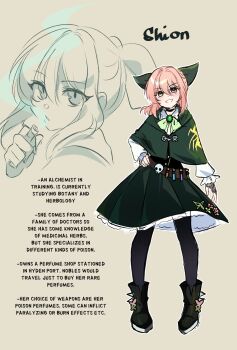 1girl black_thighhighs brooch cape character_name commentary double-parted_bangs english_commentary english_text full_body gem green_cape green_gemstone green_skirt hair_between_eyes hand_on_own_hip highres jewelry long_sleeves looking_at_viewer multiple_views orange_eyes original pink_hair poison ryuuxin shion_(ryuuxin) short_hair skirt smile thighhighs