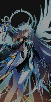 1girl bare_shoulders black_background black_bodysuit black_gloves blue_halo blue_wings bodysuit bodysuit_under_clothes boots bracelet breasts center_frills cleavage_cutout closed_mouth clothing_cutout collared_bodysuit colored_tips crossed_bangs dress elsword energy_wings eve_(elsword) feet_out_of_frame frills gloves gradient_background grey_hair hair_between_eyes halo highres hwansang jewelry jitome light_frown long_hair long_sleeves marking_on_cheek multicolored_hair official_art orange_background orange_eyes orange_hair robot second-party_source short_dress shoulder_cutout small_breasts solo spread_wings strapless strapless_dress thigh_boots two-tone_gloves very_long_hair white_boots white_dress white_gloves wings