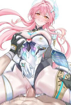 1boy 1girl absurdres aemeath_(wuthering_waves) bar_censor black_gloves blush breasts censored clothed_sex clothing_aside commentary_request cowgirl_position daram_(shappydude) elbow_gloves girl_on_top gloves grabbing_another's_breast groping hair_ornament hand_on_own_stomach hetero highres korean_commentary large_breasts large_variant_set leotard leotard_aside long_hair looking_at_viewer male_rover_(wuthering_waves) nipples orange_eyes parted_lips penis pink_hair pov pussy rover_(wuthering_waves) sex simple_background smile star-shaped_pupils star_(symbol) straddling symbol-shaped_pupils thighs vaginal variant_set white_background white_gloves white_leotard wuthering_waves