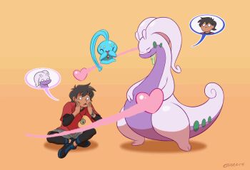 1boy animated animated_gif antennae artist_name body_switch closed_eyes color_banding colored_skin commentary english_commentary full_body gen_4_pokemon gen_6_pokemon goodra gradient_background green_eyes grey_skin heart large_tail laughing legendary_pokemon long_sleeves manaphy mythical_pokemon nintendo open_mouth orange_background personality_switch pokemon pokemon_(creature) purple_skin shadow short_hair short_sleeves sitting speech_bubble spoken_character standing tail thick_thighs thighs vic_(garrts)