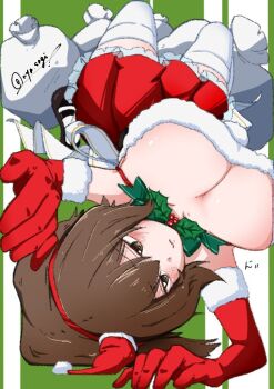 1girl back_bow bare_shoulders blush bow breasts christmas cleavage closed_mouth commentary_request dress frilled_skirt frills from_above gift gift_bag girls_und_panzer gloves half_gloves hat headband large_breasts nishizumi_maho nya_sagi red_gloves santa_costume santa_dress santa_hat shoes skirt solo thighhighs two-tone_background white_bow white_thighhighs