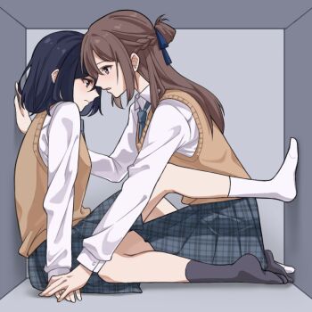 2girls black_socks blue_eyes blue_hair blue_skirt braid brown_hair brown_sweater_vest closed_mouth commentary_request half_up_braid kyo6159 long_hair long_sleeves medium_hair miyagi_shiori multiple_girls no_shoes open_mouth plaid_clothes plaid_skirt pleated_skirt school_uniform sendai_hazuki shirt shuuniichido_classmate_wo_kau_hanashi sidelocks skirt socks stuck stuck_in_a_box sweater_vest unmoving_pattern white_shirt white_socks yuri