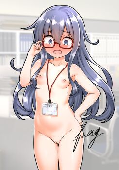 1girl absurdres akatsuki_(kancolle) bespectacled black_hair blue_eyes blush breasts commentary_request completely_nude embarrassed furaggu_(frag_0416) glasses hair_between_eyes highres id_card kantai_collection lanyard long_hair navel nipples nude pussy red-framed_eyewear semi-rimless_eyewear small_breasts solo standing under-rim_eyewear very_long_hair