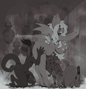 Rule 34 | 1futa, 2boys, all fours, amber (hotglewd), anal, anal object insertion, anilingus, animal ears, bat ears, bat girl, bat wings, bathroom, bent over, blush, breasts, butt plug, closed eyes, completely nude, cropped legs, dark-skinned male, dark skin, deer boy, deer tail, demon horns, dildo, erection, evey (tyelle), fellatio, from side, furry, furry female, furry futanari, furry male, futa with male, futanari, grabbing another's ass, greyscale, groping, group sex, hand on wall, horns, hotglewd, kneeling, large breasts, long hair, male masturbation, masturbation, monochrome, multiple boys, navel piercing, nipples, nude, object insertion, oral, oral sandwich, original, persimmon (tyelle), piercing, plump, precum, profile, sex toy, showering, skinny, star (symbol), tail, tail in ass, tail insertion, threesome, tiptoes, trap, wet, wings, wristband