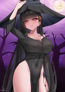 1girl bare_shoulders black_dress black_hair black_nails blue_archive blunt_bangs blush breasts cleavage covered_erect_nipples covered_navel dress gzanth hair_ornament hat highres long_hair looking_at_viewer red_eyes rio_(blue_archive) smile solo very_long_hair witch_hat
