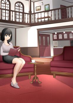 Rule 34 | 1girl, absurdres, black hair, blue eyes, book, commentary request, commission, couch, cup, epicary radz, female focus, highres, indoors, lily (epicary radz), medium hair, neglect play, original, painting (object), pencil skirt, picture frame, pixiv commission, reading, sitting, skirt, teacup, variant set, wedge heels, window