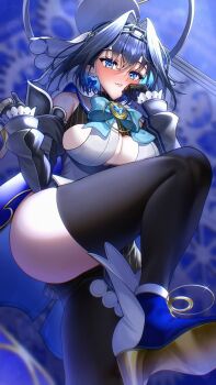 Rule 34 | 404 (pixiv 94263879), black gloves, black skirt, black thighhighs, blue eyes, blue hair, blue shoes, breasts, closed mouth, gloves, hand on own hip, hashtag-only commentary, high heels, highres, hololive, hololive english, large breasts, medium hair, ouro kronii, ouro kronii (1st costume), shoe soles, shoes, skirt, solo, thighhighs, virtual youtuber