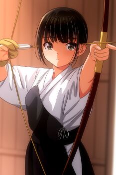 1girl absurdres archery black_hair bow_(weapon) commentary_request gloves highres holding holding_weapon japanese_clothes kyuudou matsunaga_kouyou original partially_fingerless_gloves solo weapon