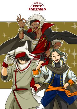 Rule 34 | 3boys, ahoge, bangle, black cape, black gloves, black hair, black pants, blackluck (pixiv fantasia age of starlight), bracelet, brown background, cape, closed eyes, copyright name, dark-skinned male, dark skin, earrings, elf, facial scar, gloves, hand on own hip, hand up, highres, hood, hooded cape, jewelry, male focus, multiple boys, multiple rings, ok sign, omoto hajime, one eye closed, pants, pixiv fantasia, pixiv fantasia age of starlight, pointy ears, ring, scar, scar on cheek, scar on face, short hair, standing, white cape, white gloves, white hair, xai inkers, yamagus (pixiv fantasia age of starlight)