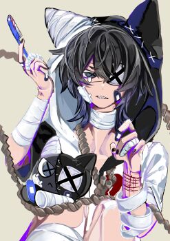 1other absurdres ambiguous_gender bandage_on_face bandaged_ear bandaged_fingers bandaged_neck bandages blue_eyes claw_pose clenched_teeth commentary eyebrow_razor eyepatch highres holding holding_weapon hood hoodie looking_at_viewer medical_eyepatch n_neko_mizu noose_necktie one_eye_covered open_clothes open_hoodie original other_focus self-harm sharp_teeth solo stuffed_toy symbol-only_commentary symbol-shaped_pupils teeth two-tone_hoodie upper_body weapon wrist_cutting x-shaped_pupils