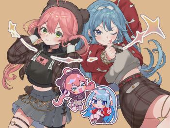 Rule 34 | > <, 2girls, absurdres, ahoge, blue eyes, blue hair, blush, chibi, green eyes, highres, hololive, hoshimachi suisei, hoshimachi suisei (micomet), looking at viewer, multiple girls, official alternate costume, one eye closed, pink hair, sakura miko, sakura miko (micomet), senada37, smile, twintails, virtual youtuber