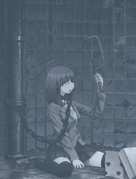 1girl between_legs blazer blue_theme box chain collar dithering hamsterfragment hand_between_legs hand_up holding_saw indoors industrial_pipe jacket jaggy_lines loafers long_sleeves looking_at_object medium_hair metal_collar monochrome open_mouth original over-kneehighs pleated_skirt saw_(movie) school_uniform shinohata_sachie_(hamsterfragment) shoes sitting skirt solo thighhighs tile_floor tile_wall tiles wariza zettai_ryouiki