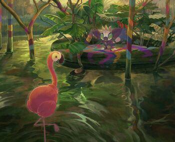 absurdres animal_focus bird commentary finger_painting flamigo flamingo full_body grafaiai green_eyes highres leaf lemur nintendo no_humans outdoors paint plant pokemon pokemon_(creature) pokemon_focus pond symbol-only_commentary tree water yj0i0