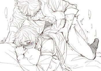 2boys anal blush genshin_impact greyscale hand_on_another's_hip hand_on_another's_waist highres hugging_object kneeling monochrome multiple_boys on_bed open_clothes open_shirt pillow pillow_grab pillow_hug sex sex_from_behind tartaglia_(genshin_impact) thrust_lines white_background yaoi zhaobxzf zhongli_(genshin_impact)