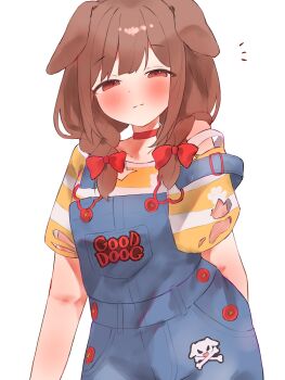 1girl absurdres animal_ears blush braid brown_eyes brown_hair choker closed_mouth commentary dog_ears dog_girl highres hololive inugami_korone inugami_korone_(9th_costume) looking_at_viewer medium_hair official_alternate_costume red_choker shirt solo striped_clothes striped_shirt symbol-only_commentary tepenchi twin_braids virtual_youtuber white_shirt yellow_shirt