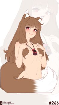 Rule 34 | 1girl, absurdres, animal ear fluff, animal ears, blunt bangs, blush, breasts, brown hair, collarbone, commentary, convenient censoring, convenient hair, english commentary, highres, holo, likunea, long hair, navel, nude, patreon logo, patreon username, red eyes, sidelocks, simple background, small breasts, solo, solo focus, spice and wolf, tail, twitter username, twitter x logo, wolf ears, wolf girl, wolf tail, zoom layer
