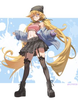 Rule 34 | 1girl, absurdres, aqua nails, bare shoulders, black boots, black choker, black hat, black ribbon, black skirt, black thighhighs, blonde hair, blue background, blue eyes, blue jacket, blush, boots, breasts, bright pupils, camisole, chain, choker, clear (djmax), commentary request, crop top, dated commentary, djmax, djmax respect, fingernails, full body, hat, highres, jacket, korean commentary, legs, long fingernails, long hair, low twintails, medium breasts, nail polish, navel, off shoulder, pink camisole, pleated skirt, ribbon, simple background, skindentation, skirt, smile, solo, spiked choker, spikes, standing, stomach, teeth, thighhighs, thighs, twintails, twitter username, very long hair, white background, white pupils, yc97