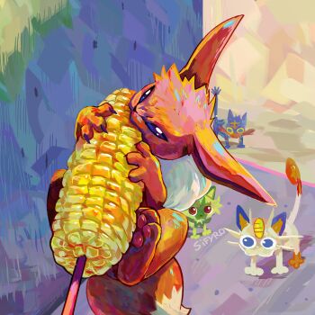 absurdres blue_eyes building cat colored_eyepatch colored_sclera commentary corn corn_cob creature creature_focus day eating eevee english_commentary eyepatch gen_1_pokemon gen_7_pokemon head_tilt highres litten meowth nintendo no_humans outdoors painterly pokemon pokemon_(creature) sidewalk sifyro signature sprigatito wide-eyed yellow_sclera