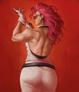 1girl adjusting_clothes adjusting_gloves artist_name ass back capcom crimson_viper earrings female_focus glasses gloves hair_slicked_back highres jewelry looking_at_viewer looking_back luisarts red_hair solo street_fighter street_fighter_6 tinted_eyewear